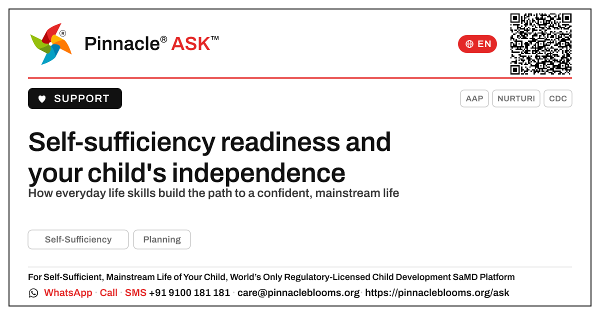 How self-sufficiency readiness leads to an independent life — Pinnacle Ask answer card with a short explanation and QR link