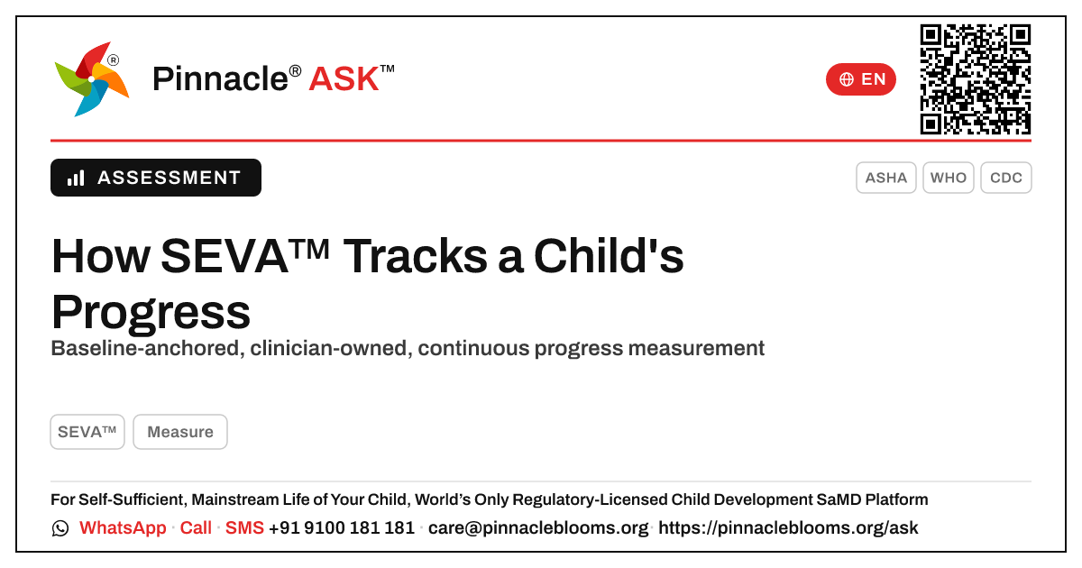 How SEVA™ measures and tracks a child's progress — Pinnacle Ask answer card with a short explanation and QR link