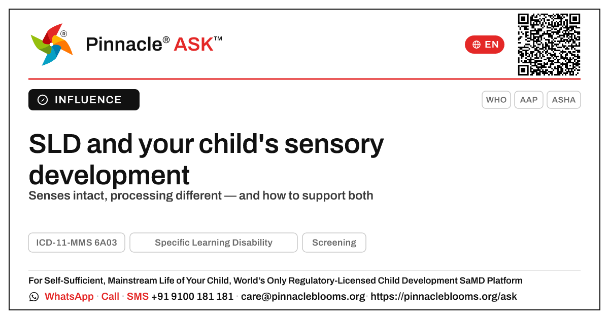 How Specific Learning Disability affects sensory development — Pinnacle Ask answer card with a short explanation and QR link