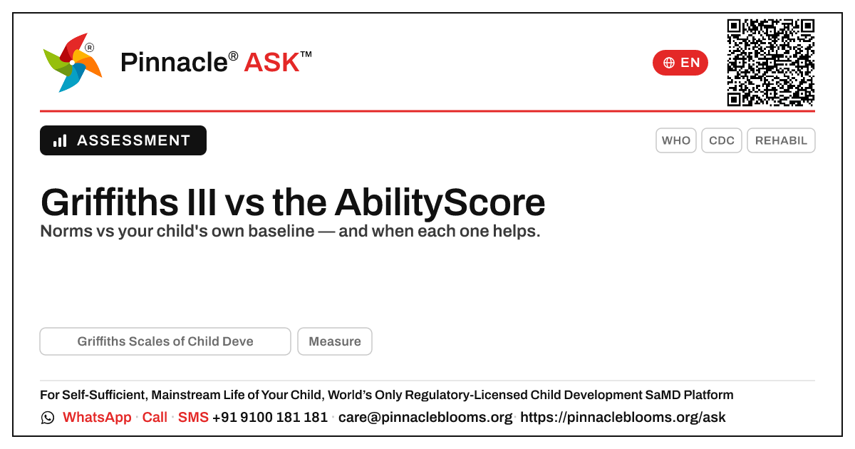 How the Griffiths III compares with the AbilityScore — Pinnacle Ask answer card with a short explanation and QR link