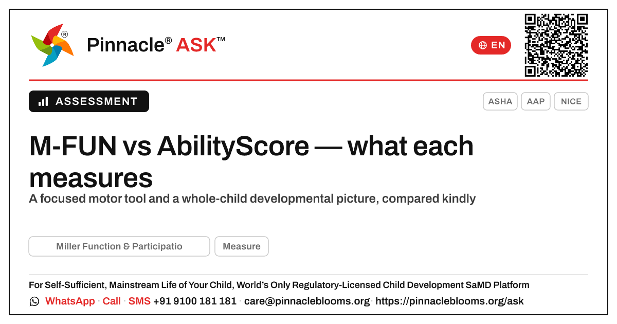 How does the M-FUN compare with the AbilityScore developmental assessment? — Pinnacle Ask answer card with a short explanation and QR link