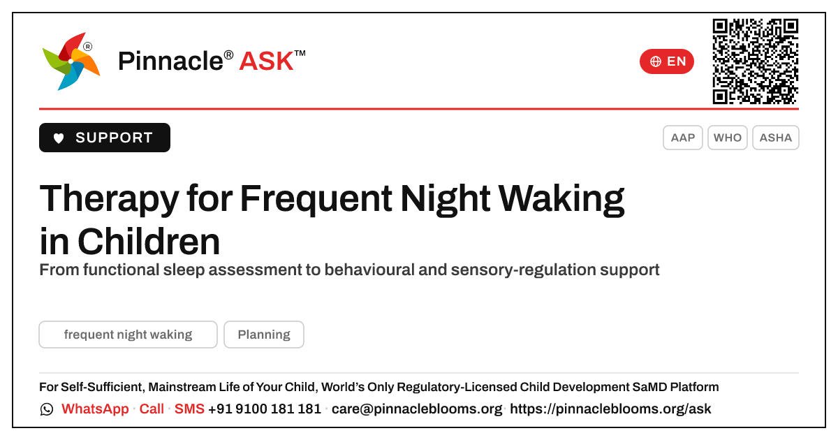 How Therapy Addresses Frequent Night Waking in a Child — Pinnacle Ask answer card with a short explanation and QR link