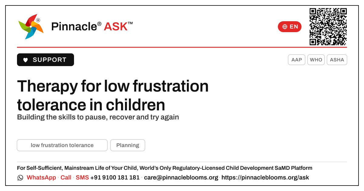 How does therapy address low frustration tolerance in a child? — Pinnacle Ask answer card with a short explanation and QR link