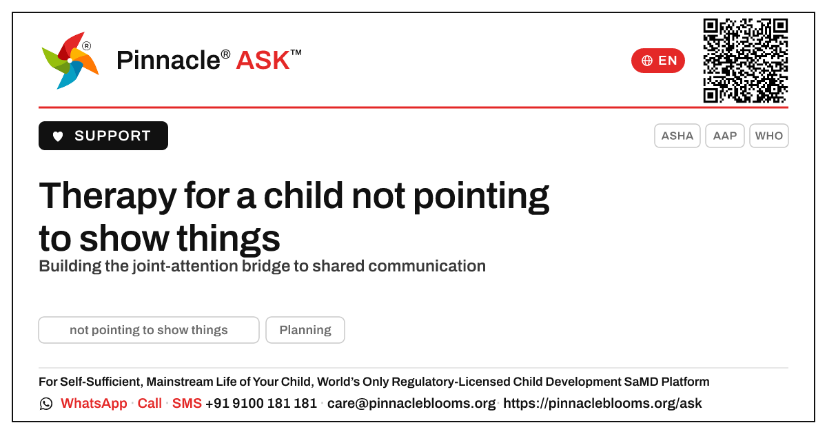How therapy addresses a child not pointing to show things — Pinnacle Ask answer card with a short explanation and QR link