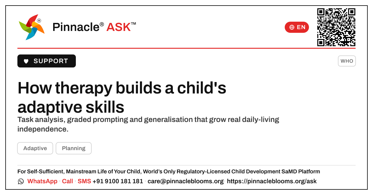 How does therapy build a child's adaptive skills? — Pinnacle Ask answer card with a short explanation and QR link