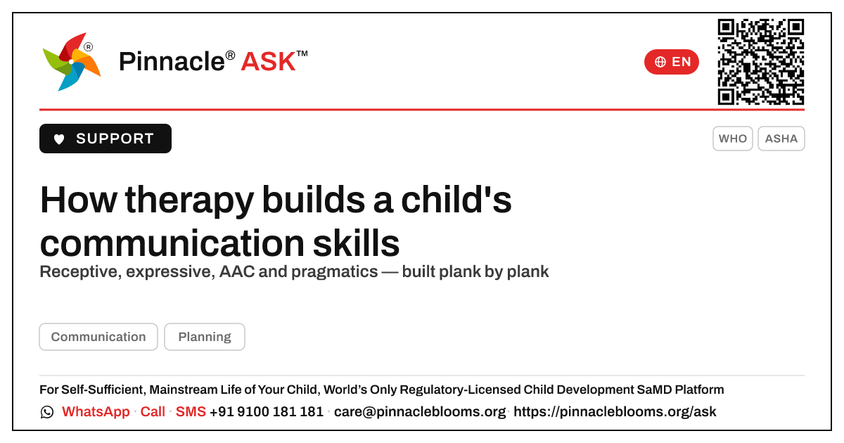 How does therapy build a child's communication skills? — Pinnacle Ask answer card with a short explanation and QR link