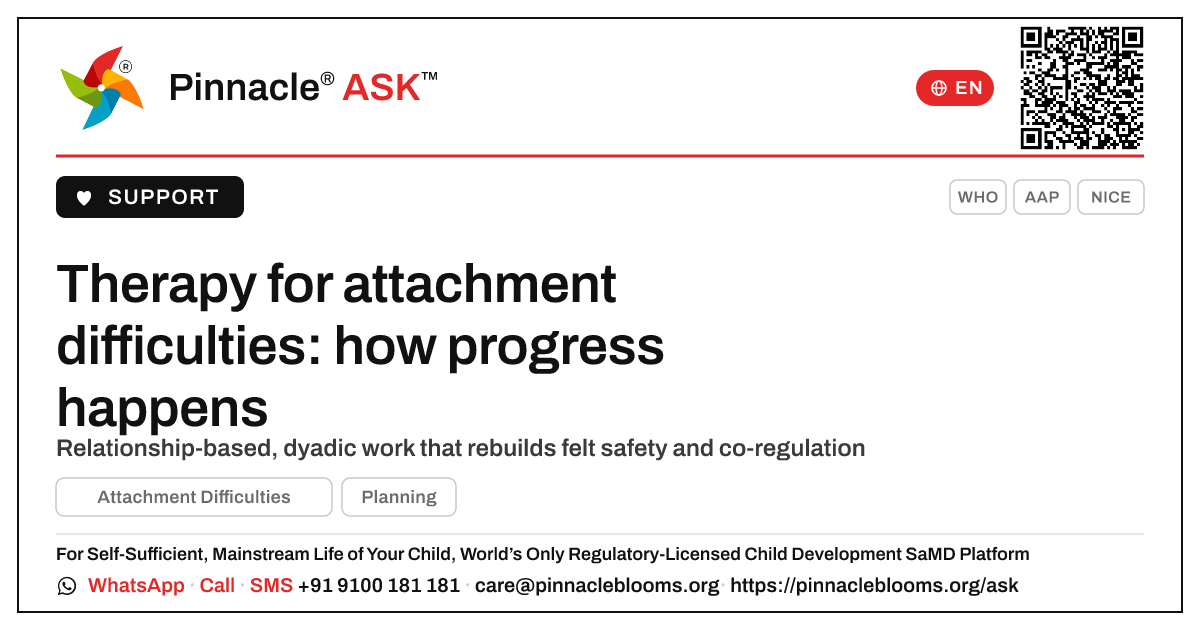 How therapy helps a child with attachment difficulties make progress — Pinnacle Ask answer card with a short explanation and QR link