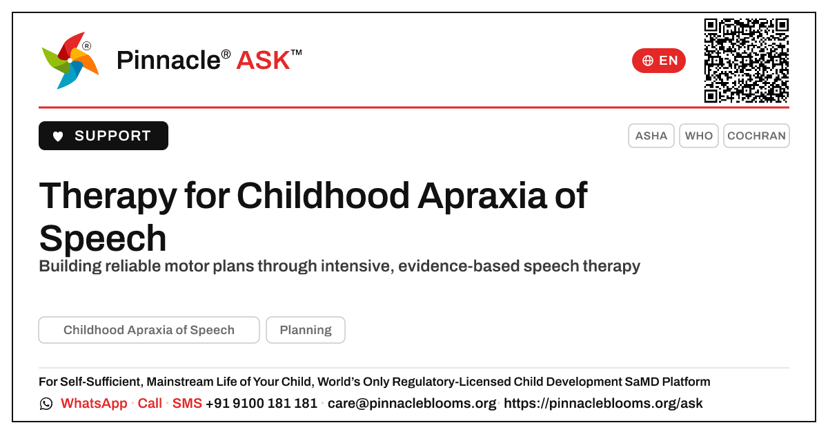 Therapy for Childhood Apraxia of Speech — Pinnacle Ask answer card with a short explanation and QR link