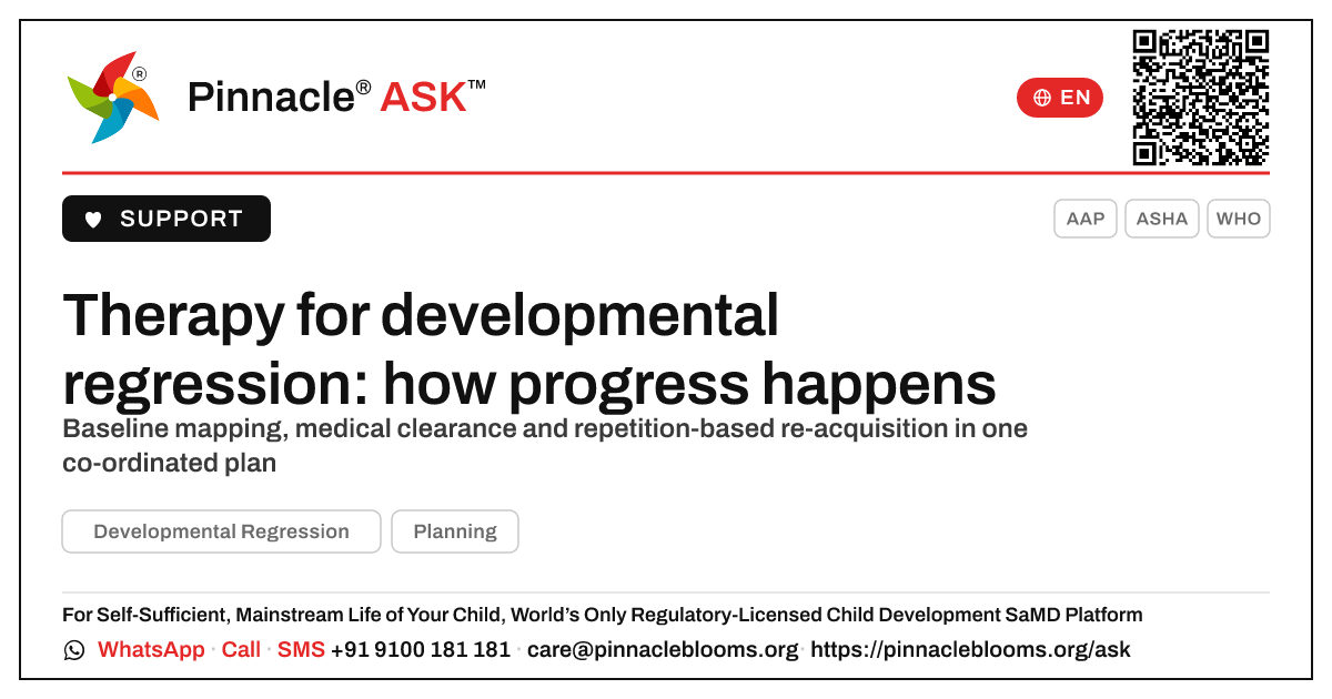 How therapy helps a child with developmental regression — Pinnacle Ask answer card with a short explanation and QR link