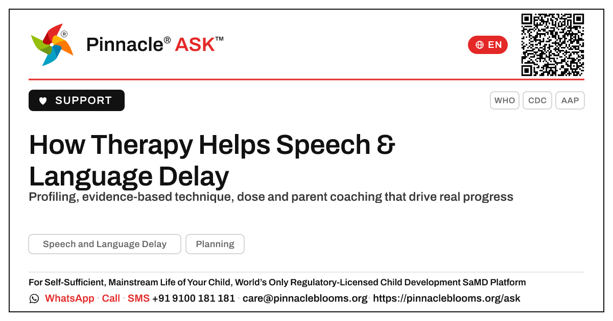 How Therapy Helps a Child with Speech and Language Delay Make Progress — Pinnacle Ask answer card with a short explanation and QR link