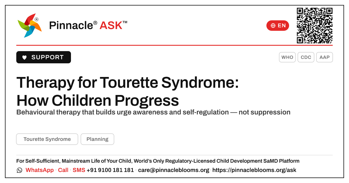 How Therapy Helps a Child With Tourette Syndrome Progress — Pinnacle Ask answer card with a short explanation and QR link