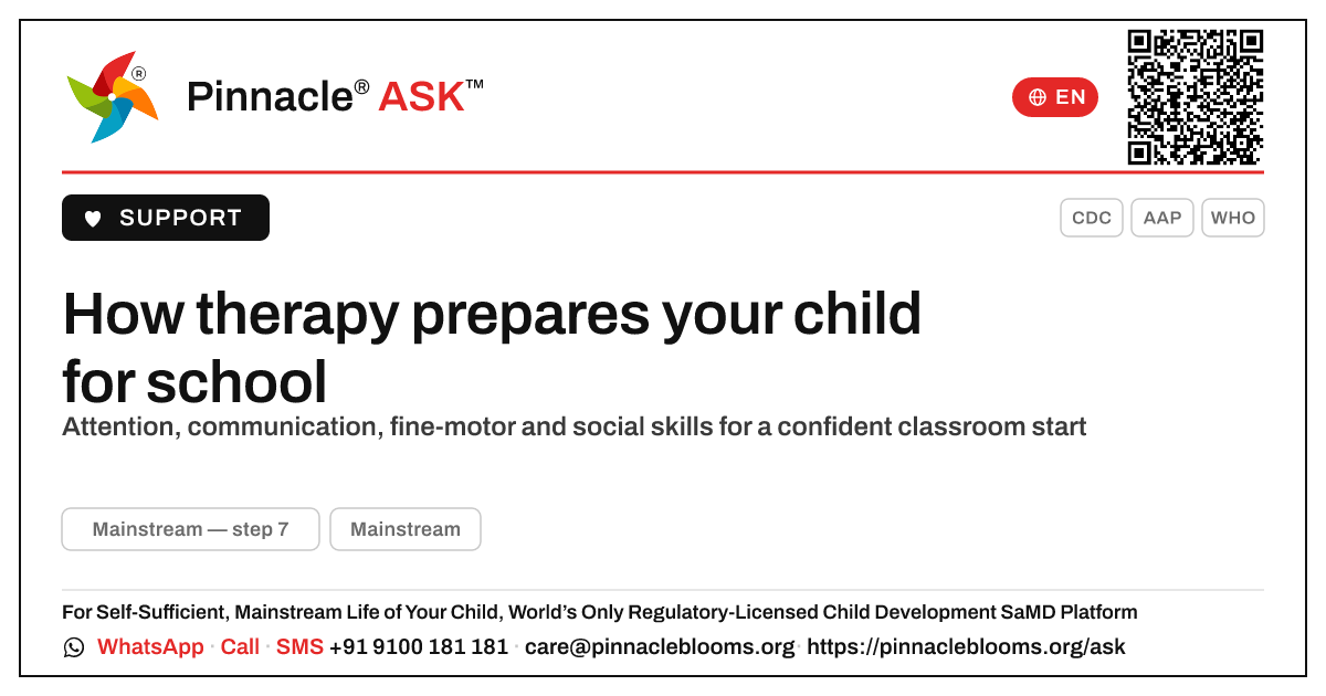 How does therapy prepare my child for school readiness? — Pinnacle Ask answer card with a short explanation and QR link