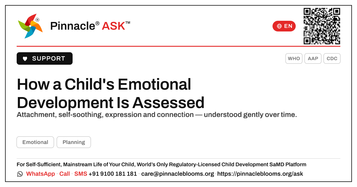 How is a child's emotional development assessed? — Pinnacle Ask answer card with a short explanation and QR link