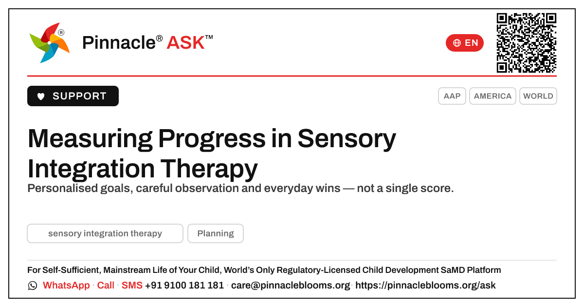 How is a child's progress measured in sensory integration therapy? — Pinnacle Ask answer card with a short explanation and QR link