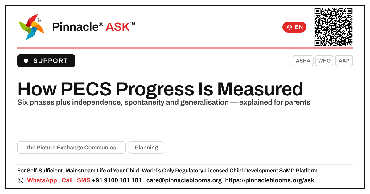 How a Child's Progress Is Measured in PECS — Pinnacle Ask answer card with a short explanation and QR link