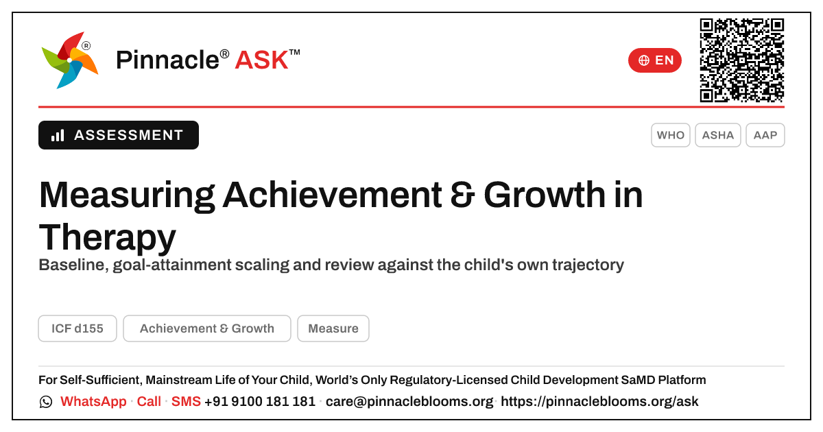 How is Achievement & Growth measured and progress-tracked within a therapy plan? — Pinnacle Ask answer card with a short explanation and QR link