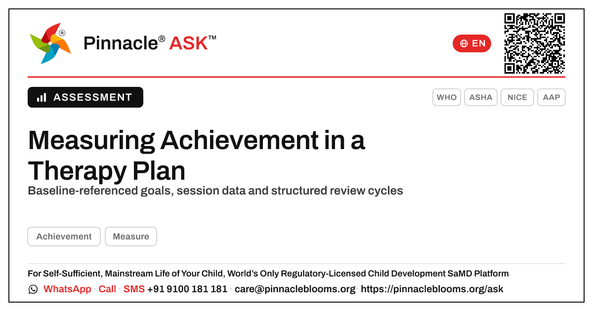 How Achievement Is Measured and Progress-Tracked in Therapy — Pinnacle Ask answer card with a short explanation and QR link