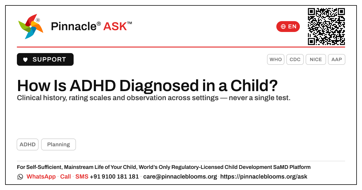 How is ADHD diagnosed in a child? — Pinnacle Ask answer card with a short explanation and QR link