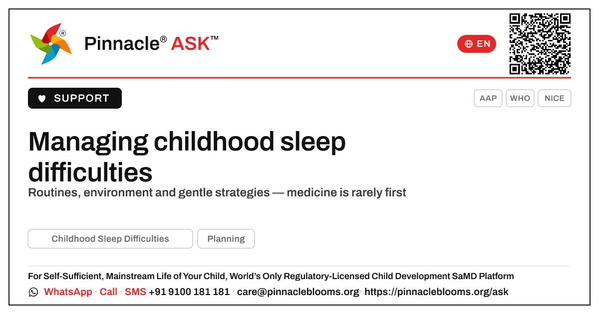 How childhood sleep difficulties are managed in a child — Pinnacle Ask answer card with a short explanation and QR link