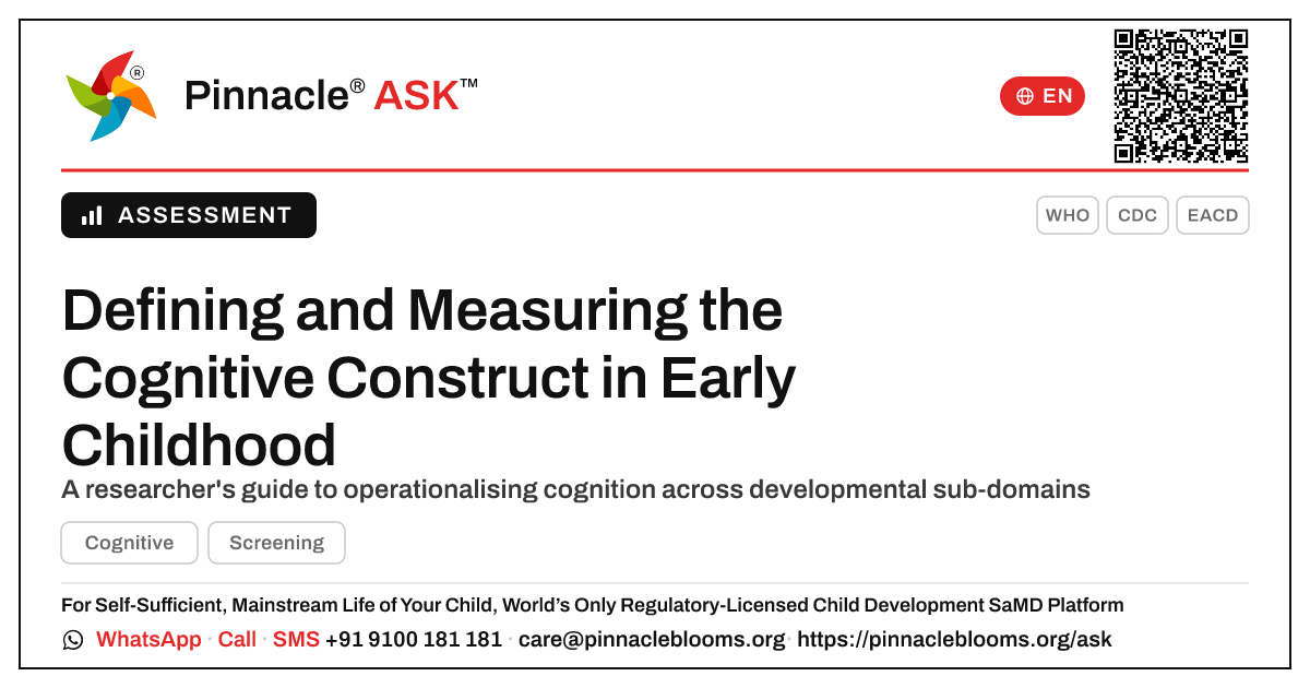How Cognitive Is Defined and Measured in Early Childhood Research — Pinnacle Ask answer card with a short explanation and QR link