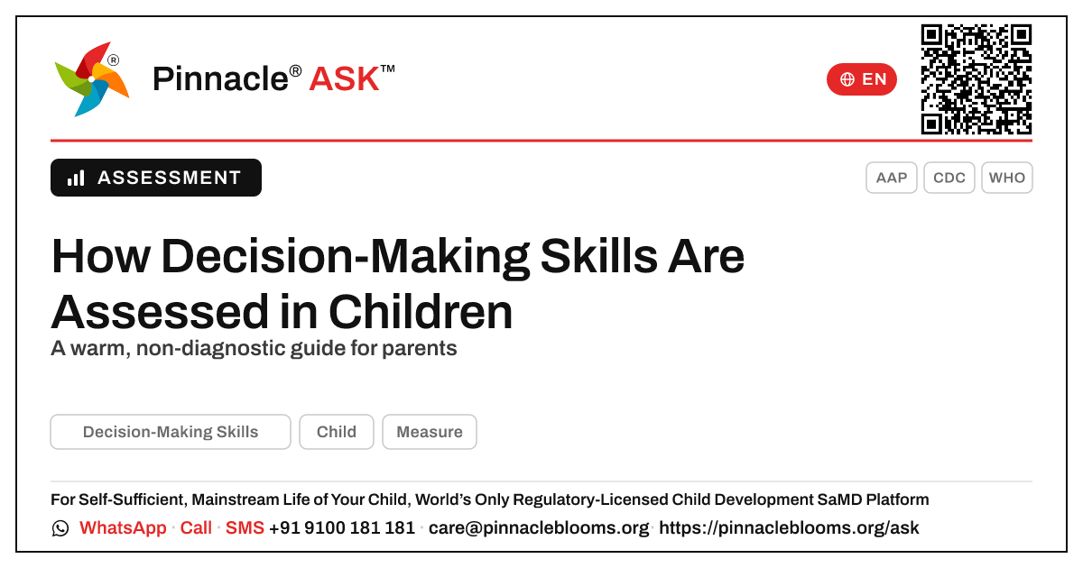 How is Decision-Making Skills assessed? — Pinnacle Ask answer card with a short explanation and QR link