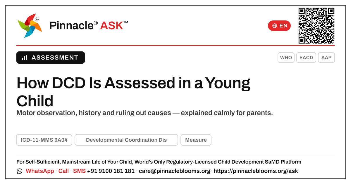 How Developmental Coordination Disorder Is Assessed in a Young Child — Pinnacle Ask answer card with a short explanation and QR link