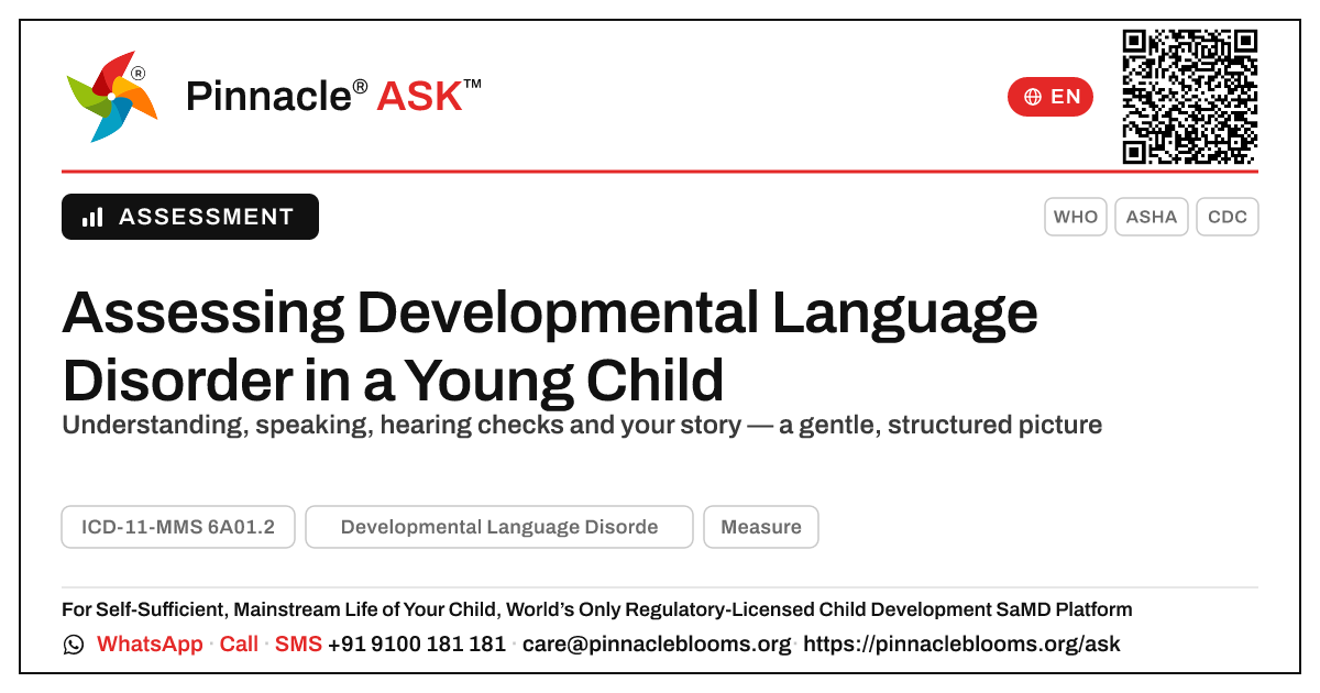 Assessing Developmental Language Disorder in a Young Child — Pinnacle Ask answer card with a short explanation and QR link