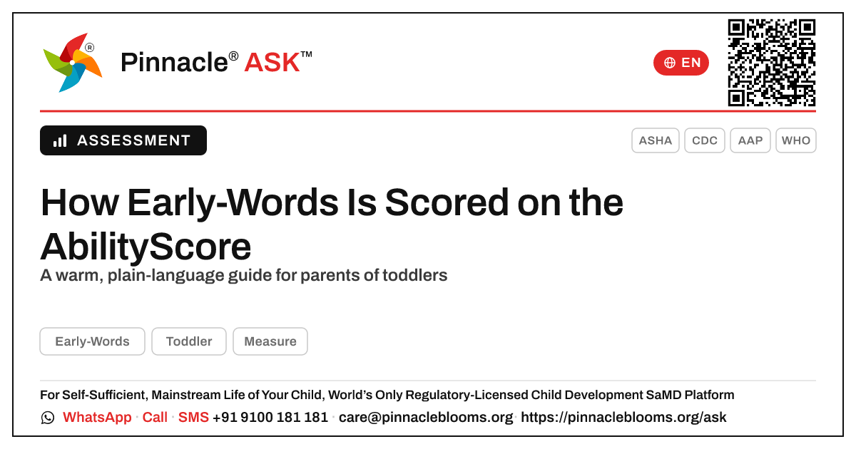 How is Early-Words scored on the AbilityScore? — Pinnacle Ask answer card with a short explanation and QR link