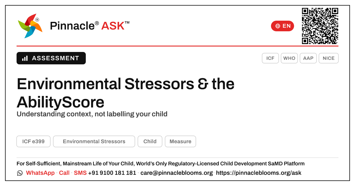 How is Environmental Stressors scored on the AbilityScore? — Pinnacle Ask answer card with a short explanation and QR link
