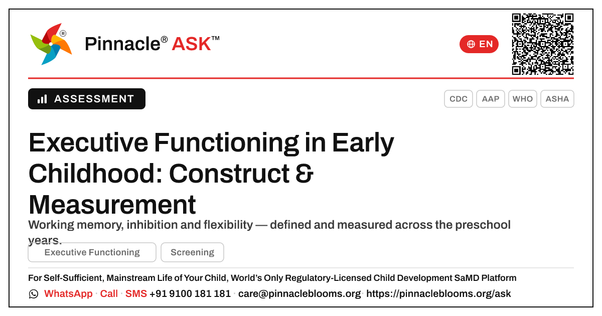 How is Executive Functioning defined and measured in early childhood research? — Pinnacle Ask answer card with a short explanation and QR link