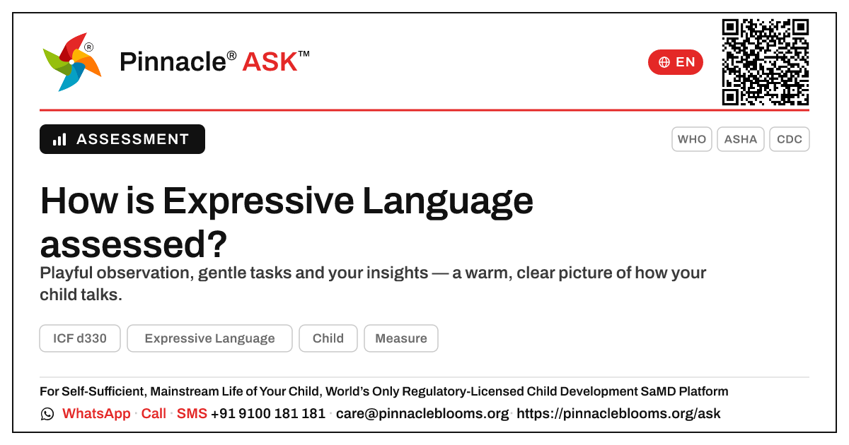 How is Expressive Language assessed? — Pinnacle Ask answer card with a short explanation and QR link