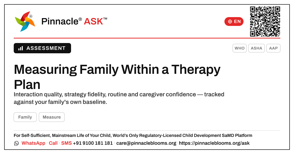 How Family Is Measured and Progress-Tracked in a Therapy Plan — Pinnacle Ask answer card with a short explanation and QR link