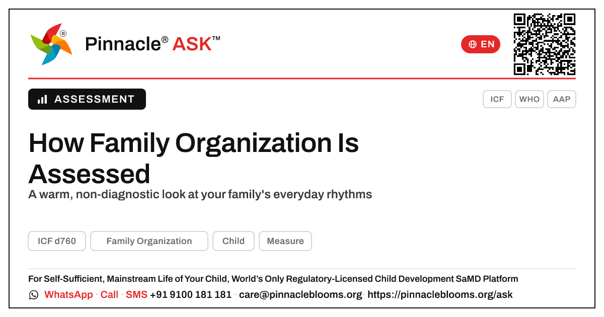 How is Family Organization assessed? — Pinnacle Ask answer card with a short explanation and QR link
