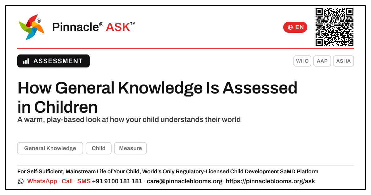 How is General Knowledge assessed? — Pinnacle Ask answer card with a short explanation and QR link