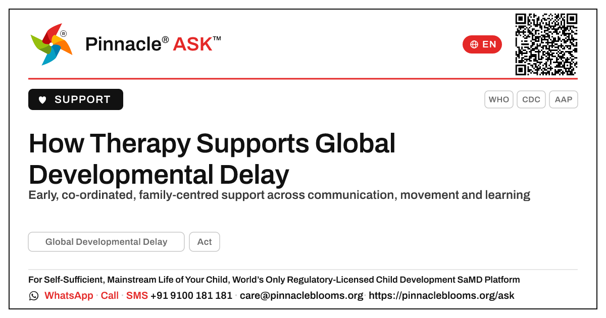 How Global Developmental Delay Is Supported Through Therapy — Pinnacle Ask answer card with a short explanation and QR link