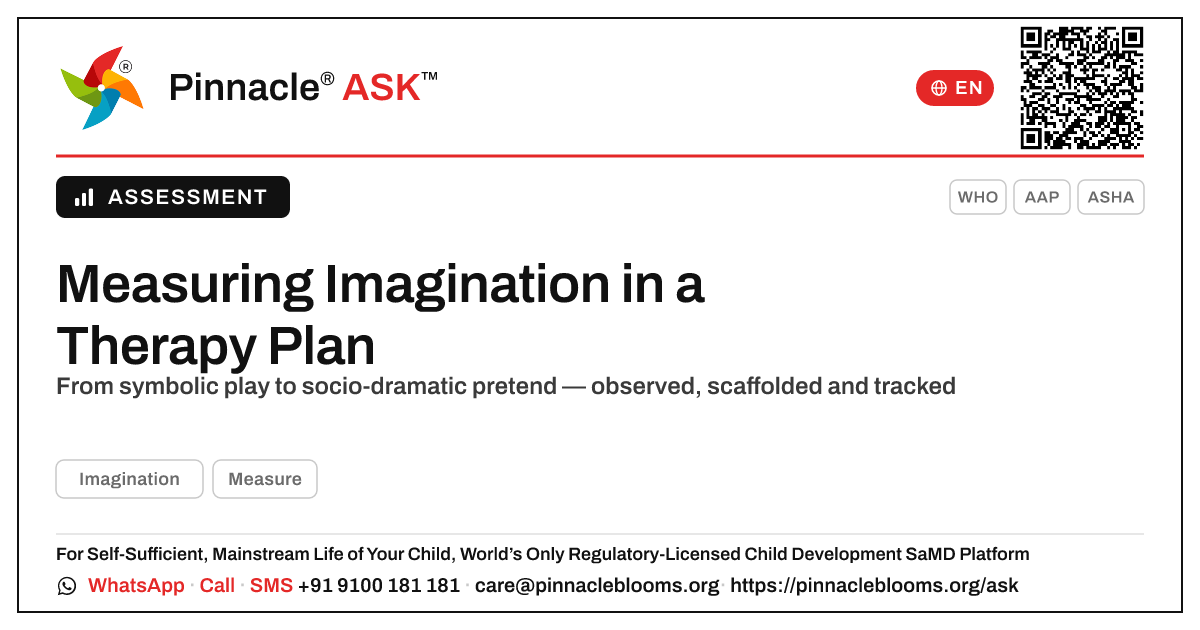 How is Imagination measured and progress-tracked within a therapy plan? — Pinnacle Ask answer card with a short explanation and QR link