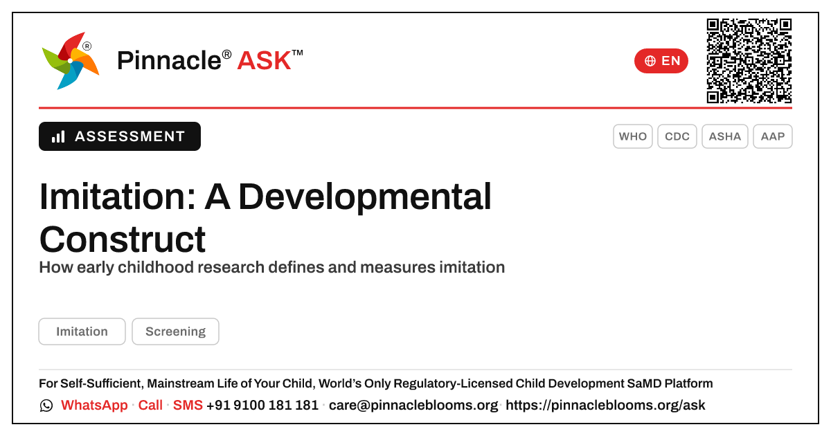 How Imitation Is Defined and Measured in Early Childhood Research — Pinnacle Ask answer card with a short explanation and QR link
