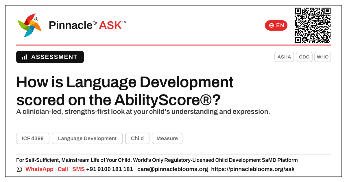 How is Language Development scored on the AbilityScore? — Pinnacle Ask answer card with a short explanation and QR link