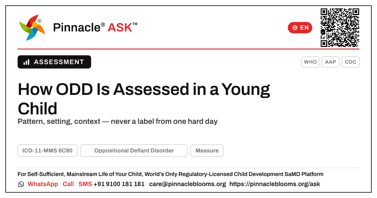 How Oppositional Defiant Disorder Is Assessed in a Young Child — Pinnacle Ask answer card with a short explanation and QR link