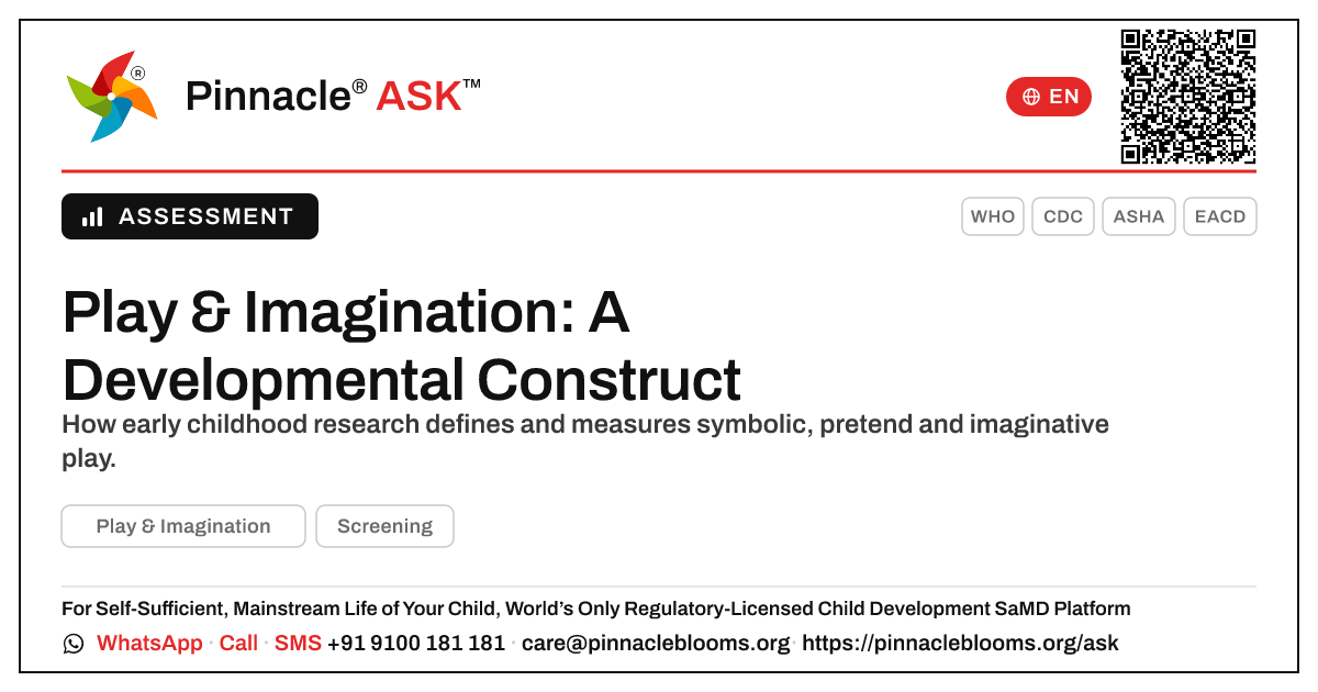 How Play & Imagination Is Defined and Measured in Research — Pinnacle Ask answer card with a short explanation and QR link
