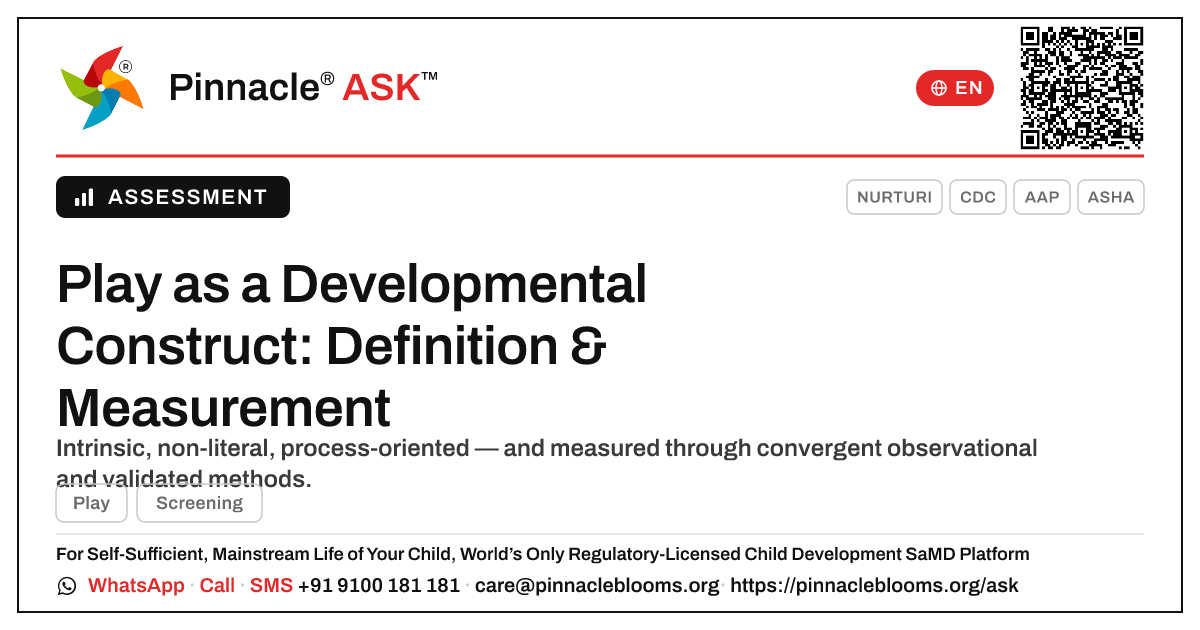 How Play Is Defined and Measured in Early Childhood Research — Pinnacle Ask answer card with a short explanation and QR link