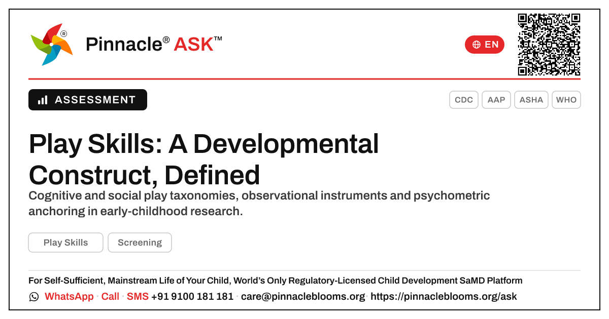 How Play Skills Are Defined and Measured in Early Childhood Research — Pinnacle Ask answer card with a short explanation and QR link
