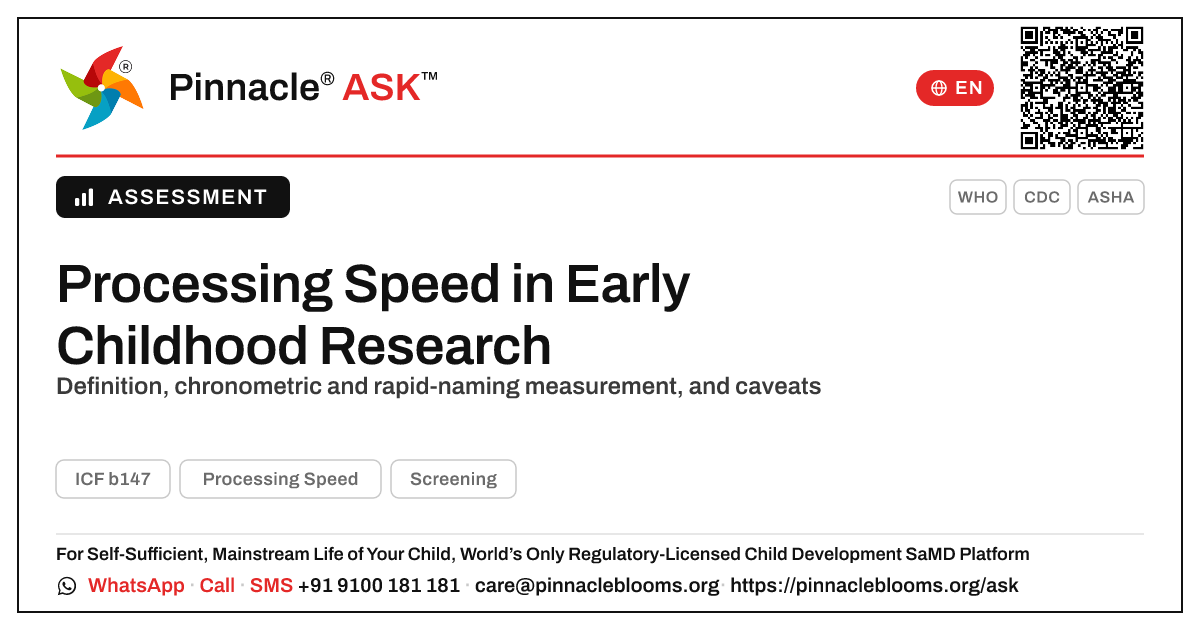 How Processing Speed Is Defined and Measured in Early Childhood Research — Pinnacle Ask answer card with a short explanation and QR link