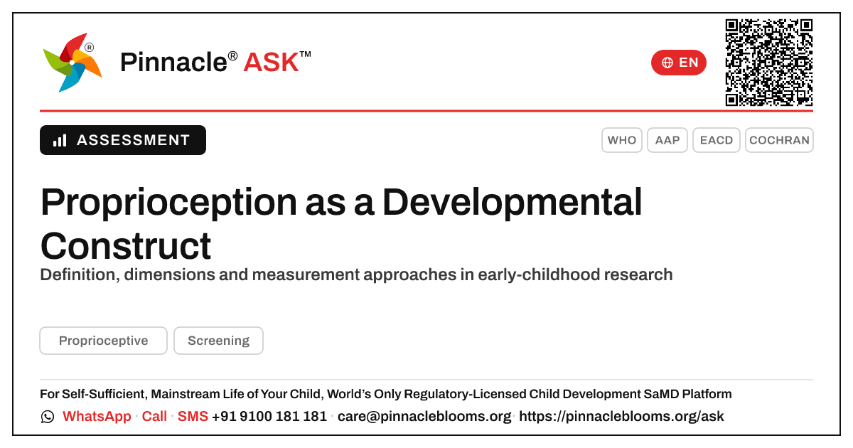 How proprioception is defined and measured in early-childhood research — Pinnacle Ask answer card with a short explanation and QR link
