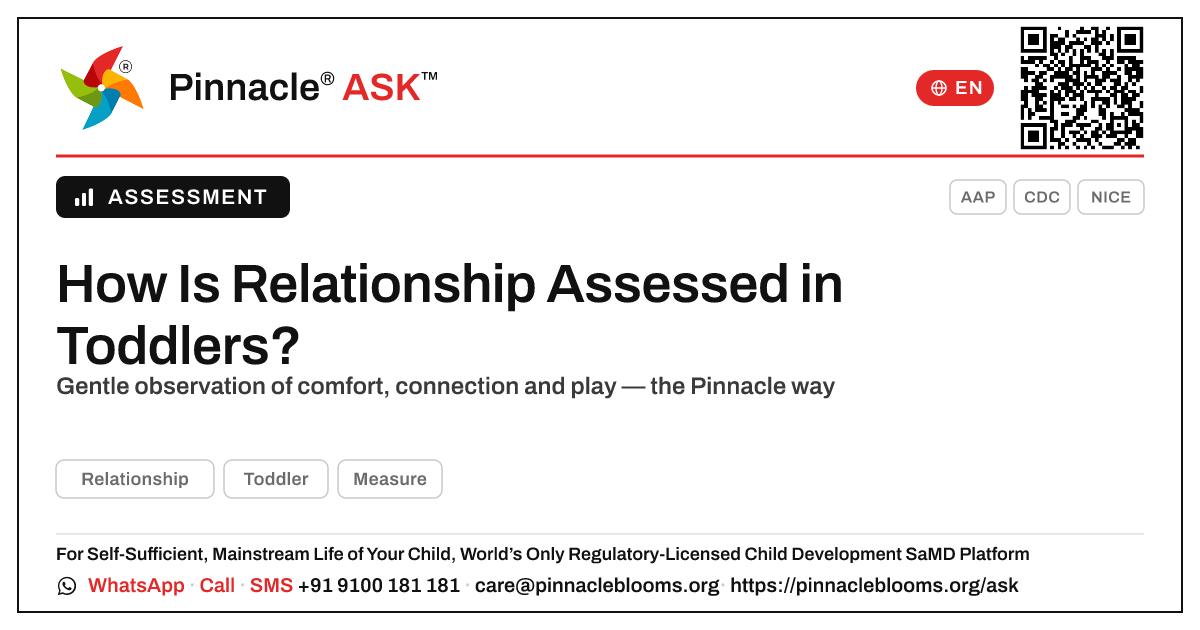 How is Relationship assessed? — Pinnacle Ask answer card with a short explanation and QR link