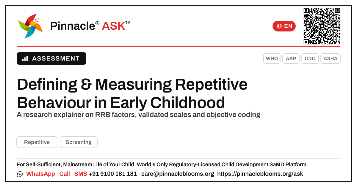 How Repetitive Behaviour Is Defined and Measured in Early Childhood Research — Pinnacle Ask answer card with a short explanation and QR link
