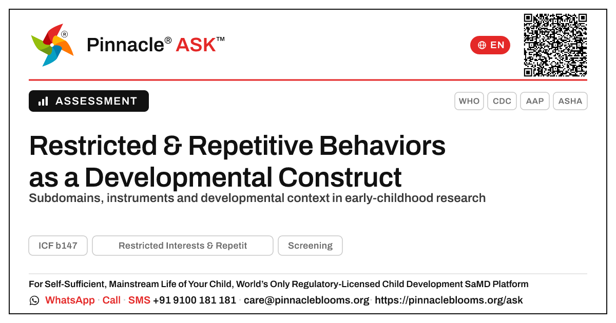 How Restricted Interests & Repetitive Behaviors Is Defined and Measured in Early Childhood Research — Pinnacle Ask answer card with a short explanation and QR link