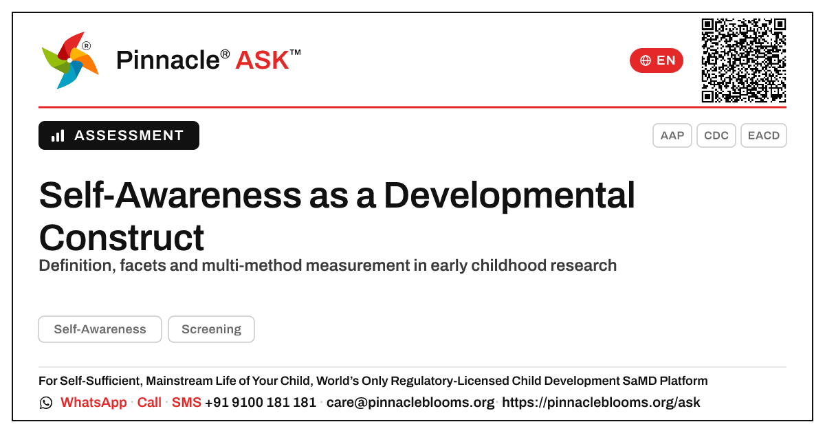 How is Self-Awareness defined and measured in early childhood research? — Pinnacle Ask answer card with a short explanation and QR link