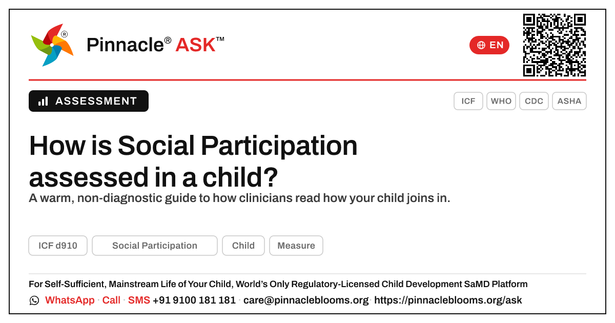 How is Social Participation assessed? — Pinnacle Ask answer card with a short explanation and QR link
