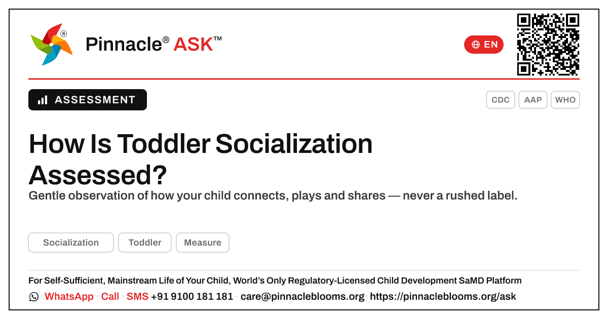 How is Socialization assessed? — Pinnacle Ask answer card with a short explanation and QR link
